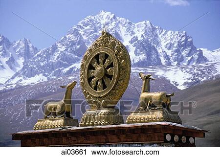 China, Szechuan (Sichuan), Kham region, Buddhist icon with mountains in background. View Large Photo Image Stock Image - China, Szechuan (Sichuan), Kham region, Buddhist icon with mountains in background.. Fotosearch