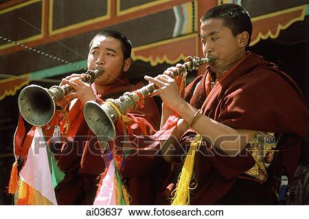 China, Szechuan (Sichuan), Kham region, Tibetan monks blowing horns. View Large Photo Image Stock Photo - China, Szechuan (Sichuan), Kham region, Tibetan monks blowing horns.. Fotosearch