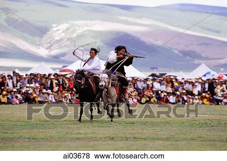 China, Szechuan (Sichuan), Kham region, Khampa horsemen show off their skills at the summer nomad festival. View Large Photo Image Stock Photo - China, Szechuan (Sichuan), Kham region, Khampa horsemen show off their skills at the summer nomad festival.. Fotosearch