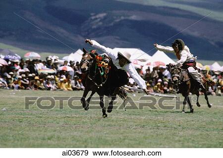 Stock Photo - China, Szechuan (Sichuan), Kham region, Khampa horsemen show off their skills at the summer nomad festival.. Fotosearch