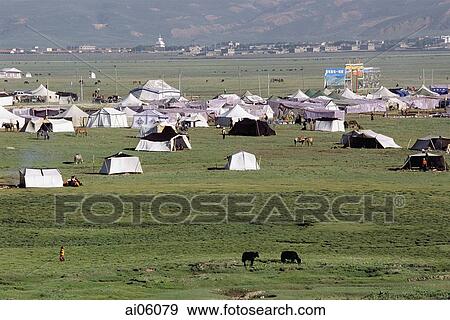 Stock Photo - China, Szechuan (Sichuan), Kham region, Tent city during the summer nomad festival.. Fotosearch