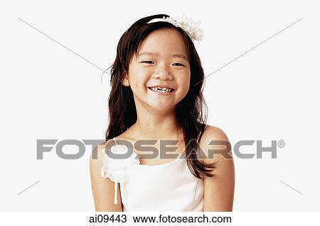 Girl in white dress smiling, portrait. View Large Photo Image Stock Image - Girl in white dress smiling, portrait.. Fotosearch