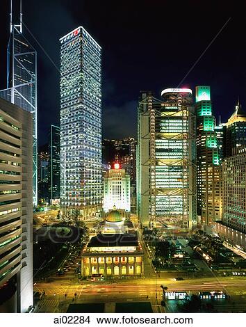 Picture - Hong Kong, Central Business District at night.. Fotosearch