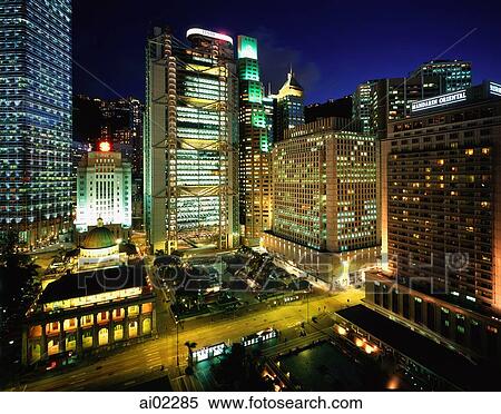 Hong Kong, Central Business District at night. View Large Photo Image Stock Photography - Hong Kong, Central Business District at night.. Fotosearch