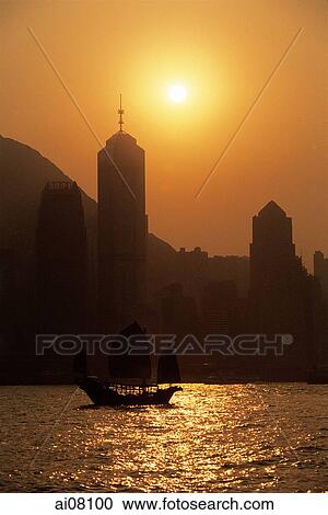 Stock Image - Hong Kong, Harbor at sunset, junk in foreground.. Fotosearch