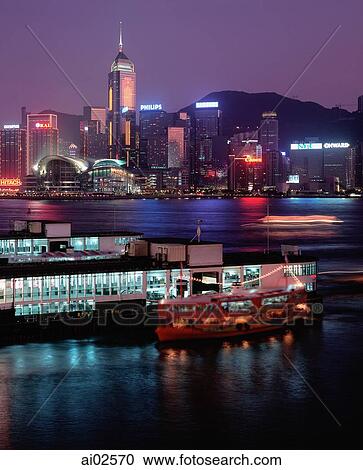 Hong Kong, Night view of Wanchai over Star Ferry. View Large Photo Image Stock Image - Hong Kong, Night view of Wanchai over Star Ferry.. Fotosearch