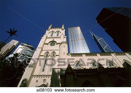 Stock Image - Hong Kong, St John's Cathedral positioned against financial district.. Fotosearch
