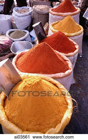 India, Delhi, Assortment of spices for sale at a spice market View Large Photo Image Stock Image - India, Delhi, Assortment of spices for sale at a spice market. Fotosearch
