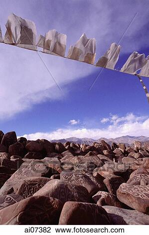 Stock Image - India, Ladakh, Prayer flags hanging in the wind.. Fotosearch