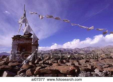 India, Ladakh, Prayer flags hanging in the wind. View Large Photo Image Stock Photo - India, Ladakh, Prayer flags hanging in the wind.. Fotosearch