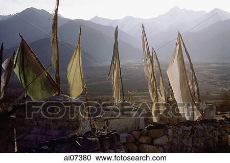 India, Northern India, Srinagar-Leh Road, Prayer flags at dawn, mountains at background. View Large Photo Image Stock Image - India, Northern India, Srinagar-Leh Road, Prayer flags at dawn, mountains at background.. Fotosearch