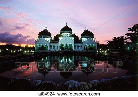 Picture - Indonesia, Aceh, Banda Aceh, sunset behind Baiturrahman Great Mosque.. Fotosearch