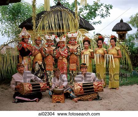 Picture - Indonesia, Bali, Balinese dancers and musicians in traditional costumes. Fotosearch