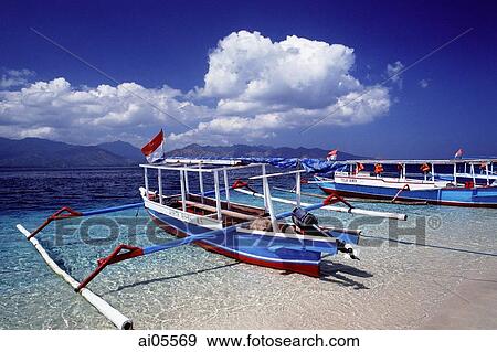 Indonesia, Bali, Fishing outriggers dot shorelines of Bali and Lombok. View Large Photo Image Stock Photo - Indonesia, Bali, Fishing outriggers dot shorelines of Bali and Lombok.. Fotosearch