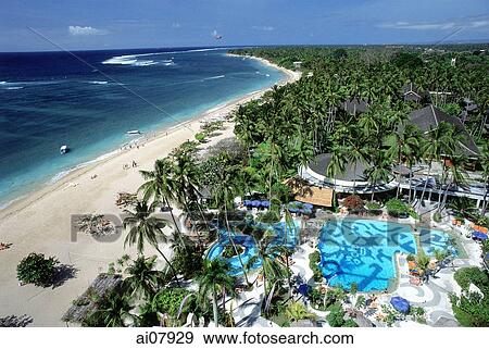 Indonesia, Bali, Sanur Beach, Aerial view from top of Hotel Bali Beach. (grainy) View Large Photo Image Stock Photo - Indonesia, Bali, Sanur Beach, Aerial view from top of Hotel Bali Beach. (grainy). Fotosearch