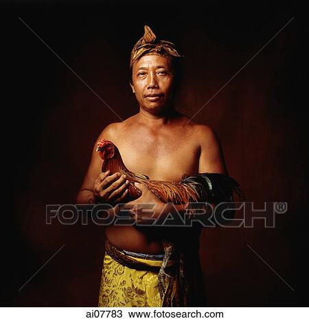 Stock Image - Indonesia, Bali, Ubud, Balinese man holding fighting cock.. Fotosearch