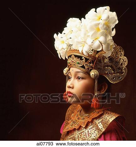 Stock Image - Indonesia, Bali, Ubud, Legong dancer in full costume.. Fotosearch