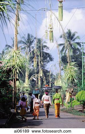 Indonesia, Bali, Village streets decorated with bamboo penjors at festival time (Galungan). View Large Photo Image Stock Photo - Indonesia, Bali, Village streets decorated with bamboo penjors at festival time (Galungan).. Fotosearch