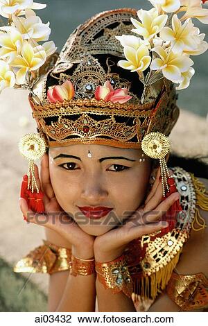 Stock Image - Indonesia, Bali, Young Balinese dancer in legong costume. Fotosearch