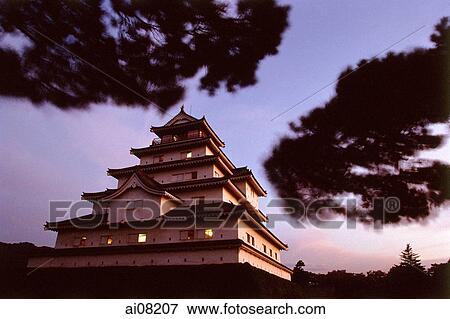 Japan, Aiku-Wakamatsu-Jo Castle, dusk View Large Photo Image Stock Photo - Japan, Aiku-Wakamatsu-Jo Castle, dusk. Fotosearch