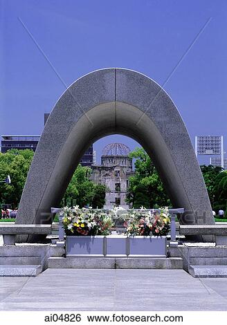 Stock Photograph - Japan, Hiroshima, Peace Memorial Park, Memorial Cenotaph in memory of victims of the atomic bomb. Fotosearch