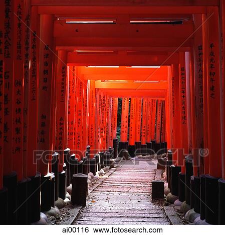 Stock Photograph - Japan, Kyoto, Fushimi-inari shrine, thousands of red torii gates. Fotosearch