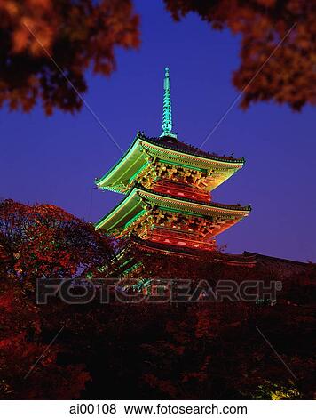 Japan, Kyoto, Kiyomizu-dera Pagoda at night View Large Photo Image Stock Photo - Japan, Kyoto, Kiyomizu-dera Pagoda at night. Fotosearch