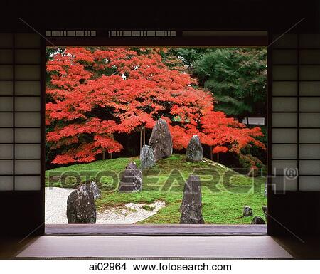 Japan, Kyoto, Komyo-in, sand and stone garden with maple View Large Photo Image Picture - Japan, Kyoto, Komyo-in, sand and stone garden with maple. Fotosearch