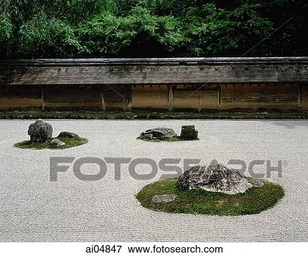 Japan, Kyoto, Ryoan-ji temple, raked sand and stone meditation garden, UNESCO world heritage site View Large Photo Image Stock Photo - Japan, Kyoto, Ryoan-ji temple, raked sand and stone meditation garden, UNESCO world heritage site. Fotosearch