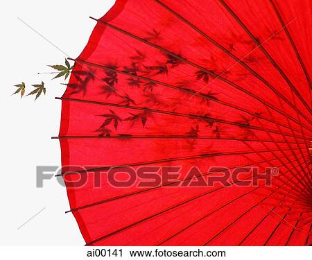 Stock Image - Japan, red umbrella with shadow of maple leaves. Fotosearch