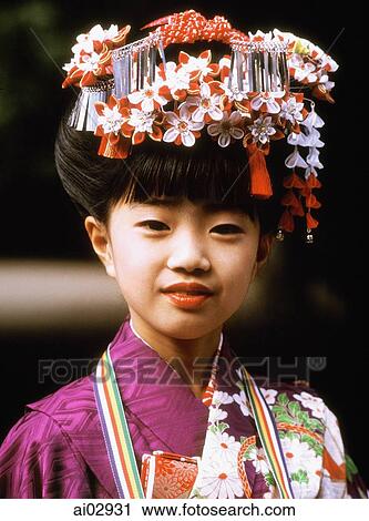 Japan, Seven year old girl in kimono at Shichi-Go-San (7-5-3) Festival (November) View Large Photo Image Stock Image - Japan, Seven year old girl in kimono at Shichi-Go-San (7-5-3) Festival (November). Fotosearch