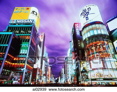 Japan Tokyo Ginza Neon Lights And Buildings Of Ginza At Dusk Stock Photo Ai Fotosearch