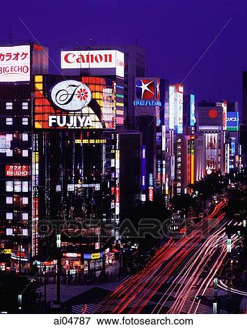 Japan, Tokyo, Ginza, View of Ginza Crossing at dusk View Large Photo Image Stock Photo - Japan, Tokyo, Ginza, View of Ginza Crossing at dusk. Fotosearch