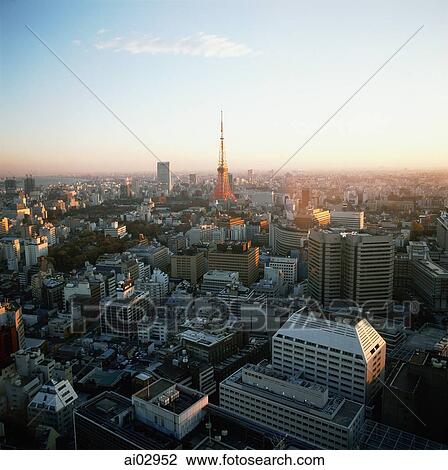 Stock Image - Japan, Tokyo, View of Tokyo tower at dusk. Fotosearch