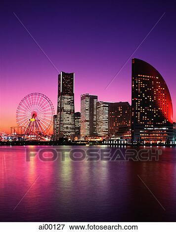 Japan, Yokohama, Minato Mirai 21, Landmark Tower, Queen's Square, National Conference Center at dusk View Large Photo Image Stock Photo - Japan, Yokohama, Minato Mirai 21, Landmark Tower, Queen's Square, National Conference Center at dusk. Fotosearch