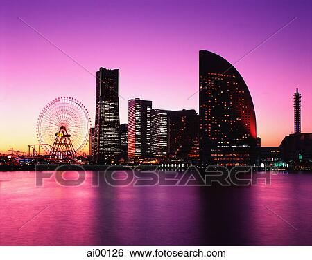 Japan, Yokohama, Minato Mirai 21, Landmark Tower, Queen's Square, National Conference Center at dusk View Large Photo Image Stock Photograph - Japan, Yokohama, Minato Mirai 21, Landmark Tower, Queen's Square, National Conference Center at dusk. Fotosearch