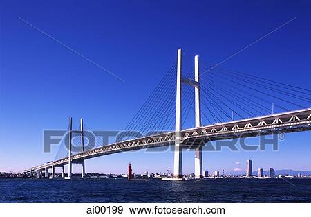 Japan, Yokohama, Yokohama bay bridge, 860 meter suspension bridge View Large Photo Image Stock Photo - Japan, Yokohama, Yokohama bay bridge, 860 meter suspension bridge. Fotosearch