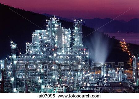 Stock Photography - Korea, refinery, illuminated. Fotosearch