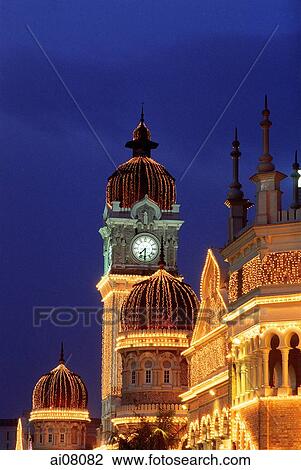 Malaysia, Kuala Lumpur, Clock Tower at night. View Large Photo Image Stock Image - Malaysia, Kuala Lumpur, Clock Tower at night.. Fotosearch