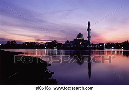Stock Photography - Malaysia, Kuala Terengganu, Twilight at Tengku Zaharah Mosque.. Fotosearch