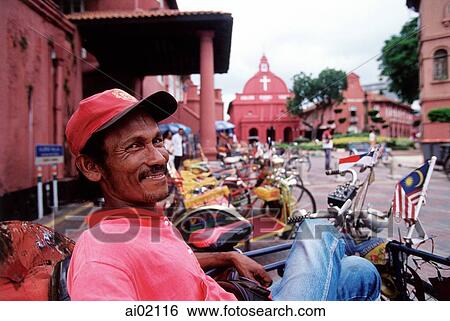 Malaysia, Malacca, pedicab driver in front of the Stadhuys. View Large Photo Image Stock Photograph - Malaysia, Malacca, pedicab driver in front of the Stadhuys.. Fotosearch