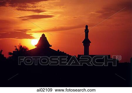 Stock Photo - Malaysia, Malacca, sunrise behind the State Mosque.. Fotosearch