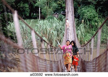 Malaysia, Sabah, Villagers walk across a hanging bridge. View Large Photo Image Stock Image - Malaysia, Sabah, Villagers walk across a hanging bridge.. Fotosearch