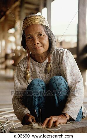 Stock Image - Malaysia, Sarawak, Kenya woman splitting rattan. Fotosearch