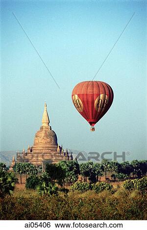 Myanmar (Burma), Bagan, View from hot-air balloon over the temples of Bagan View Large Photo Image Stock Photograph - Myanmar (Burma), Bagan, View from hot-air balloon over the temples of Bagan. Fotosearch