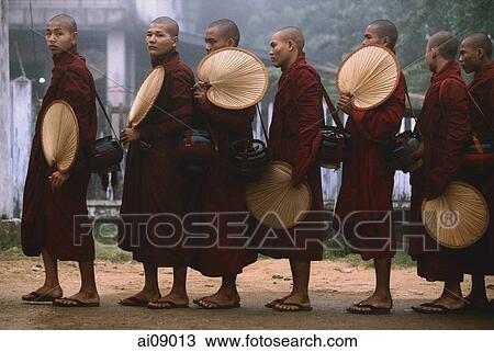 Myanmar (Burma), Bago, Buddhist monks in line to collect alms. View Large Photo Image Stock Image - Myanmar (Burma), Bago, Buddhist monks in line to collect alms.. Fotosearch