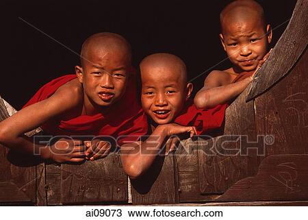 Myanmar (Burma), Inle Lake, Novice monks at Shweyaunghwe Kyaung monastery. View Large Photo Image Stock Image - Myanmar (Burma), Inle Lake, Novice monks at Shweyaunghwe Kyaung monastery.. Fotosearch