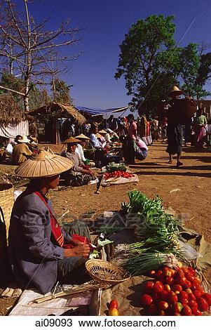 Myanmar (Burma), Inle lake, Vegetable seller at 5 day market. View Large Photo Image Stock Image - Myanmar (Burma), Inle lake, Vegetable seller at 5 day market.. Fotosearch