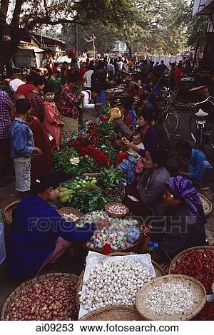 Stock Image - Myanmar (Burma), Sangaing, Morning market.. Fotosearch