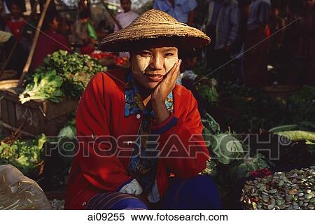 Myanmar (Burma), Sangaing, Vegetable seller at morning market. View Large Photo Image Stock Photography - Myanmar (Burma), Sangaing, Vegetable seller at morning market.. Fotosearch